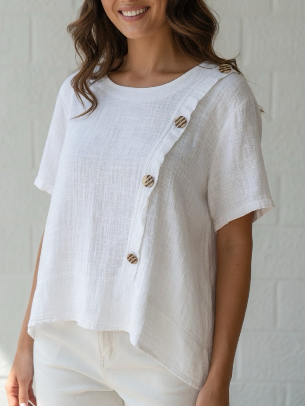 NEW COLLECTION White LINEN Button-Accent Blouse Italy